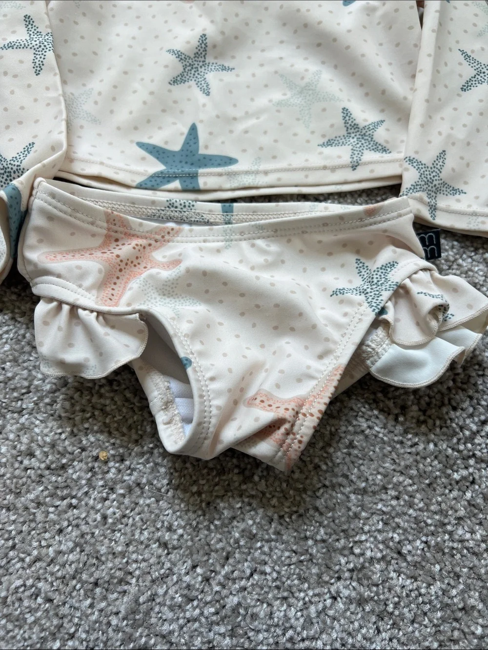 Cream Starfish Rashguard Set for Kids - Long Sleeve Swim Top & Ruffle Bottoms